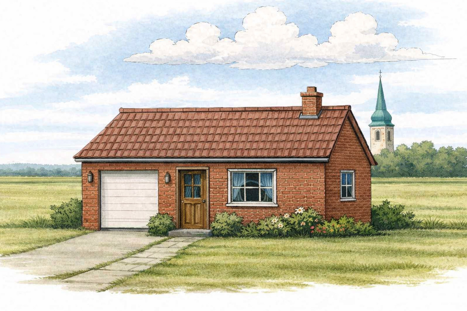 Gezeichnetes Bild eines Einfamilienhauses, ähnlich dem Bild davor allerdings ein kleineres, weniger gut ausgestattes Haus 