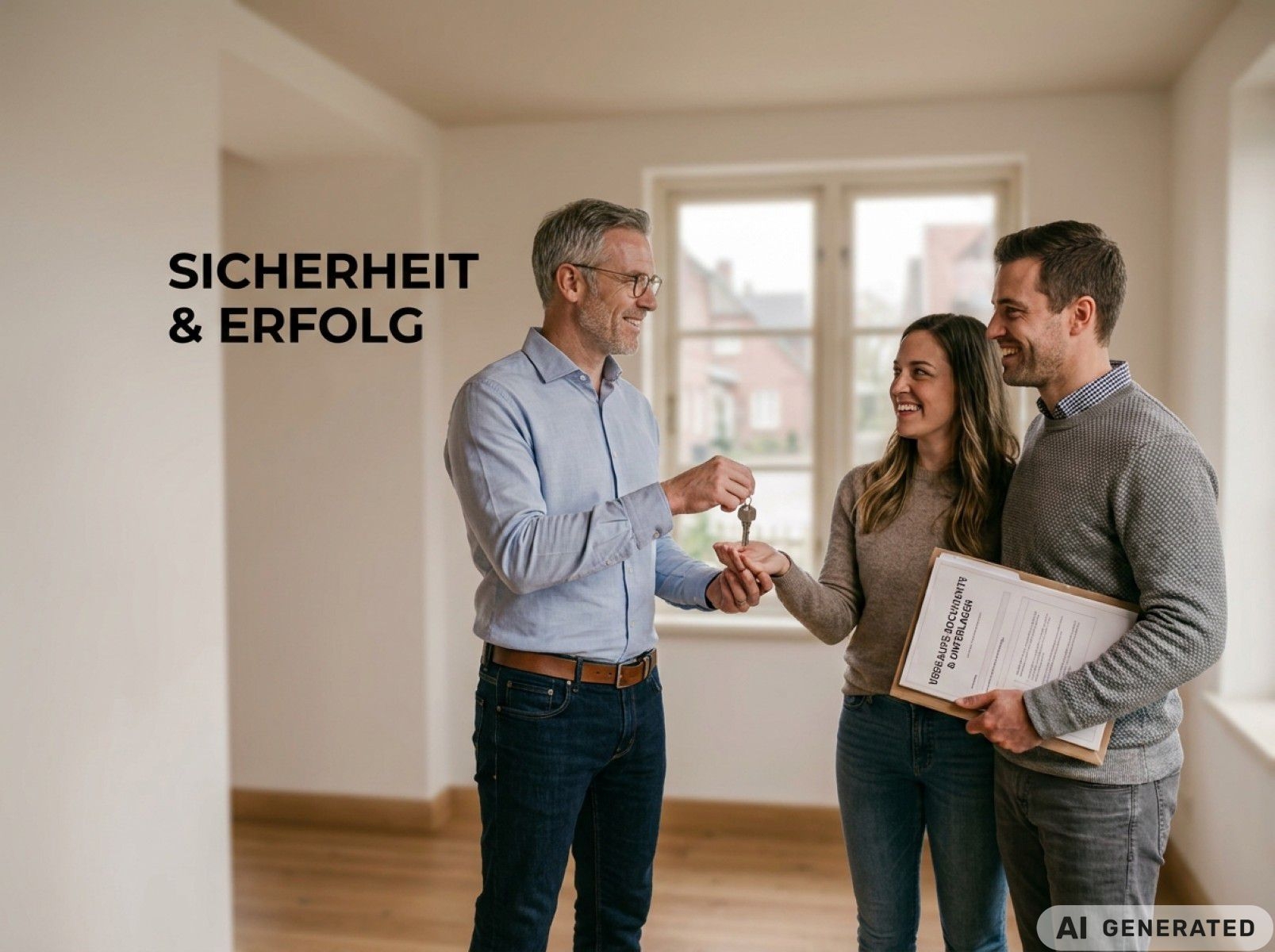 Symbolbild einer Schlüsselübergabe in einer Wohnung. Das Bild ist beschriftet mit Sicherheit & Erfolg