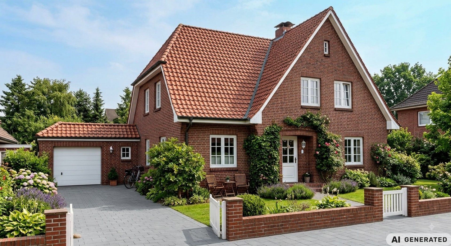 Beispielbild eines Einfamilienhauses mit Garten