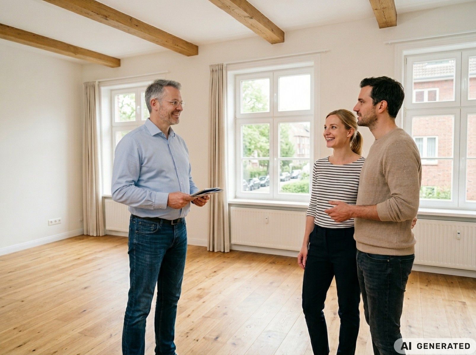 Besprechnung zwischen Immobilienmakler und Vermieter in einer leeren Wohnung