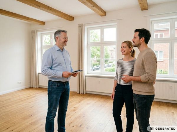 Ein Pärchen steht mit einem Immobilienmakler in einem leeren Wohnzimmer